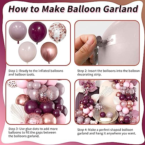 Burgundy Pink Balloon Garland Arch Kit, Burgundy Ruby Red Dusty Purple Pastel Pink Metallic Rose Gold Confetti Balloon Arch Kit for Women Girls Birthday Wedding Baby Bridal Shower Party Decorations - Image 7