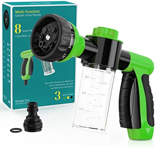 Garden Hose Nozzle, High Pressure Spray Gun Nozzle, 8 Spray Patterns for Watering Plants, Lawn, Patio, Cleaning, Showering Pet with 3.5oz/100cc Soap Dispenser Bottle by OUTWAY