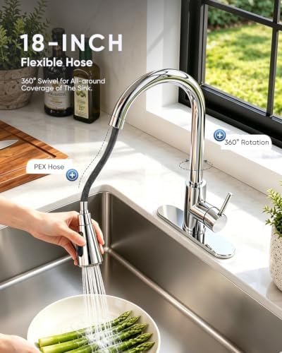 Chrome Kitchen Faucet with Pull Down Sprayer, 3-Mode Single Handle Sink Faucet for 1-Hole or 3-Hole Installation, SUS 304 Stainless Steel with 10-Inch Deck Plate - Image 4