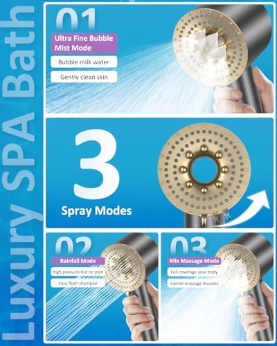 High Pressure KDF55 Filtered Shower Head with Handheld, 3 Spray Mode Shower Heads with Filters for Hard Water, Microbubble Showerhead Set with Hose, Bracket, Mineral Beads for Skin Hair Care - Image 3