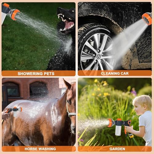 OJKGVGarden Hose Nozzle,8 Patterns Hose Sprayer High Pressure,Heavy Duty Dog Wash,Metal Water Hose Nozzle with Soap Dispenser,Car Wash Foam Gun With Pets Things (Orange gray) - Image 5