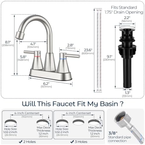 4-Inch Centerset Bathroom Sink Faucet 2-Handle, Brushed Nickel - Image 5