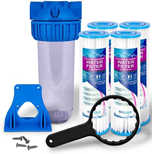 10 Inches Transparent Standard Whole House Water Filter System with Presser Relief Valve, 3/4” Inlet/Outlet Brass Port and Yearly Supply (4) Pleated Sediment Cartridges 5 Micron by Ronaqua