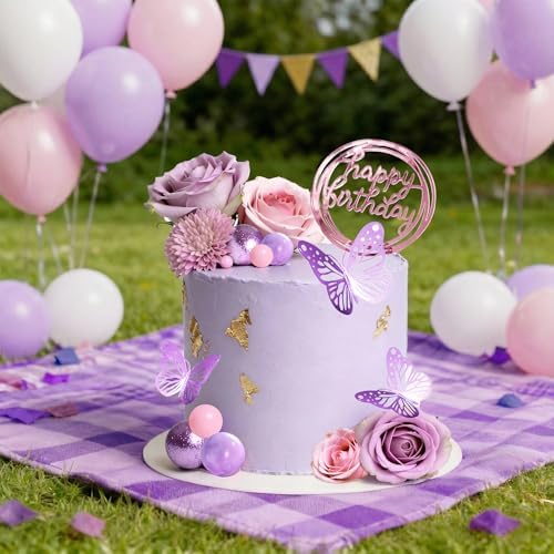 Flower Cake Toppers, Happy Birthday Rose Gold Cake Decorations with Artificial Flowers Butterfly Balls for Wedding Baby Shower Birthday Party Supplies (Purple) - Image 3