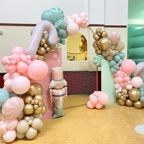 Nutcracker Christmas Balloon Garland Arch Kit, 112Pcs Green Pink and White Gold Latex Balloons with Candy Cane Mylar Foil Christmas Balloon for Girls Xmas Birthday New Year Candyland Party Decorations - Image 3