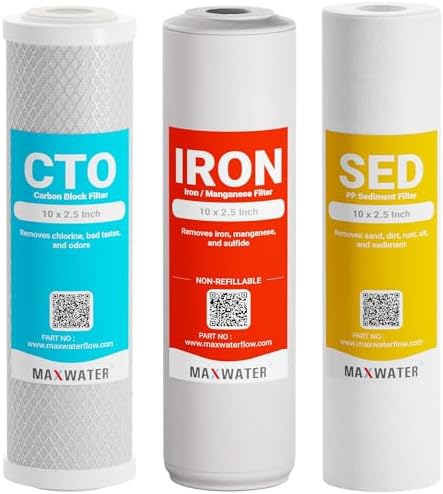 Max Water 10x2.5 Iron & Manganese Whole House Water Filter Replacement Set | 3 Stage Water Filtration System 10" Cartridge Kit | 5 Micron Sediment, Iron Manganese & CTO Carbon Filters by MaxWater