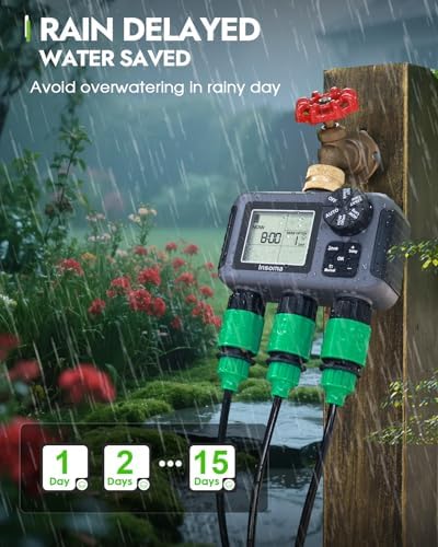 Insoma 3-Zone Sprinkler Timer with Brass Inlet + IPX5 Waterproof | Programmable Auto/Manual Irrigation Mode with Rain Delay & Large LCD | Water Hose Timer 3 Outlets for Garden, Lawn, Yard, Pool - Image 6