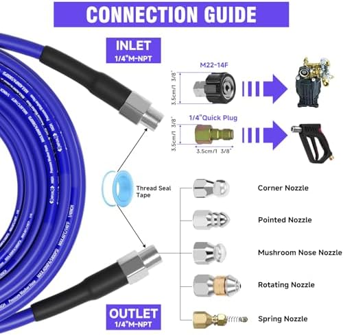 NIFUAL 100FT Sewer Jetter Kit for Pressure Washer, 5800PSI Drain Cleaner Hose 1/4 Inch NPT Corner, Rotating and Button Hose Sewer Jetting Nozzle Waterproof Tape Pearl Corsage Pin Spanner Glove - Image 2