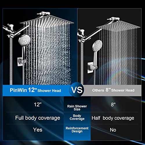 PinWin Modern 12" Large Square Rain Showerhead with 5 Modes Handheld Showerhead Combo, Adjustable Arm, Easy Tool-Free Installation - Image 2