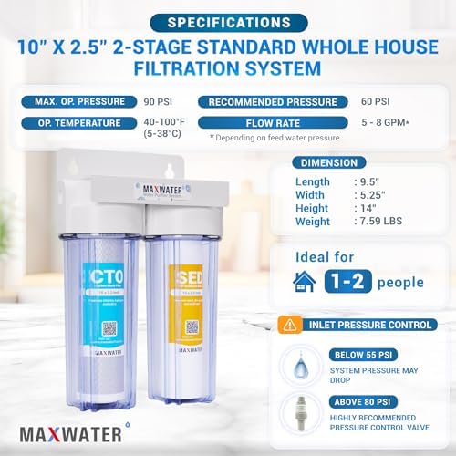 Max Water 2-Stage Whole House Water Filtration System 10 x 2.5 (SED + CTO) - Image 2