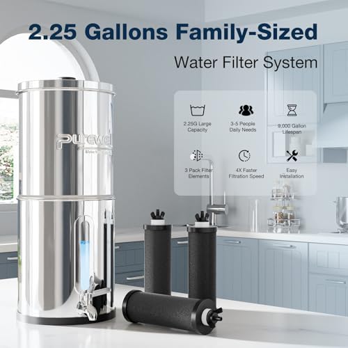 Purewell 2.25G Gravity-fed Water Filter System with 3 Filters, 3-Stage Ultra-Filtration Stainless Steel Countertop System with Water Level Window, Reduce 99% Chlorine, 9,000G Filter Capacity, PW-KS-3C - Image 2