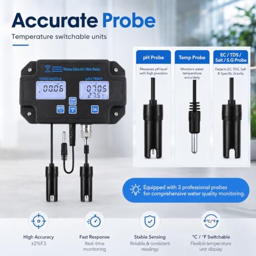 Smart Water Quality Tester 6-in-1 pH/EC/TDS/Salinity/S.G and Temperature Meter with Wi-Fi Continuous Monitor Wall-Mounted pH Water Meter with ATC and Easy Calibration for Aquariums, Hydroponics - Image 5