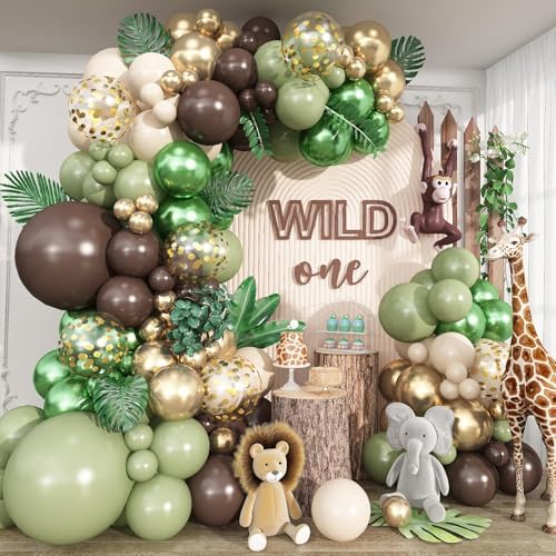 Sage Green Brown Balloon Safari Arch Kit, 120pcs Retro Olive Green Coffee Cream Metallic Gold Latex Camo Balloons Garland for Forest Jungle Wild One Birthday Woodland Baby Shower Party Decorations by Paeyeq