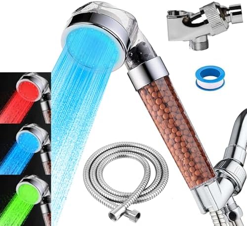 Vacto Temperature Controlled 3-color Changing Shower Head Kit, Water Saving Showerheads with Filtration Beads, LED High Pressure Handheld Shower Head Set with Hose and Bracket by Vacto