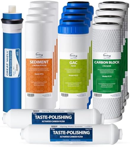 iSpring F15-75 NSF Certified 2-Year Replacement Filter Cartridge Pack for Standard 5-Stage Reverse Osmosis RO Systems, Reduces PFAS, Chlorine, Bad Taste, and Odor, 15 Pieces, White by iSpring