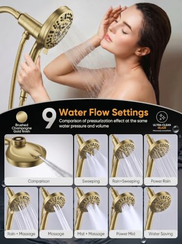 High Pressure Handheld Shower Head Brushed Gold- Anti-clog Nozzles, Built-in Power Wash to Clean Tub, Wall & Overhead Brackets,Magnetitc Rainfall Showerhead with handheld - Image 4