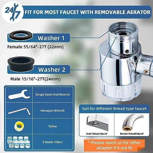 1080°Swivel Faucet-Extender with Water Filter - 8 Pcs Replacement Filter, 2 Mode Water Spray Aerator, Solid Brass Faucet Sprayer Extender Universal For Bathroom Kitchen Laundry Sink Faucet - Image 6
