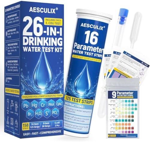 26 in 1 Water Test Kit for Drinking Water 158 Strips, Upgraded Home Water Testing Strips for Well & Tap Water, Detects Hardness, Chlorine, pH, Lead, Iron, Copper & Multiple Water Quality Contaminants by AESCULIX
