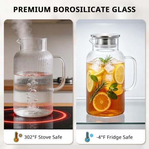 Bivvclaz 2 Pack 2 Liter 68 oz Stripes Glass Pitcher with Lid and Handle - Image 6