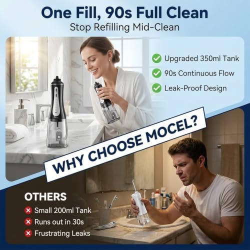 MOCEL Water Dental Flosser Oral Irrigator with 5 Modes, 350ml Cordless Water Teeth Cleaner Pick 6 Tips, IPX7 Waterproof Rechargeable Portable Powerful Battery for Travel & Home Braces & Bridges Care - Image 5