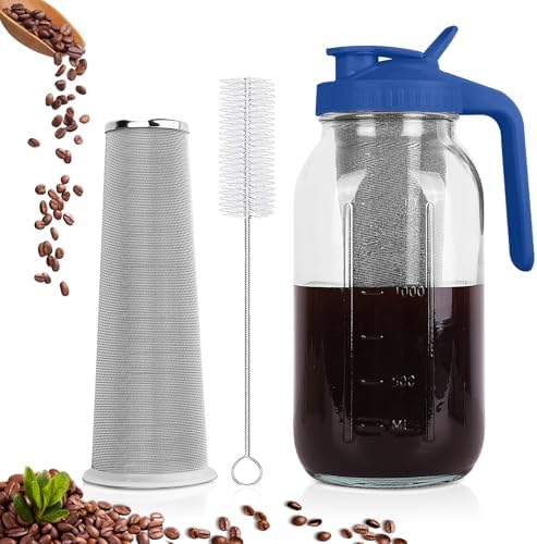 Cold Brew Coffee Maker, 64 oz Mason Jar Pitcher with Stainless Steel Filter, Pour Spout Handle Lid, Heavy Duty Glass Airtight & Leak-Proof for Iced Coffee,Tea & Lemonade by QHH