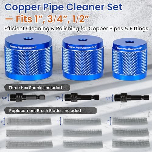 Copper Pipe Cleaner Set, Fits 1”, 3/4”, 1/2” Copper, Iron & Aluminum Pipes, Handheld or Drill Compatible, Metal Tube Cleaning Brushes with Replaceable Blades - Image 2
