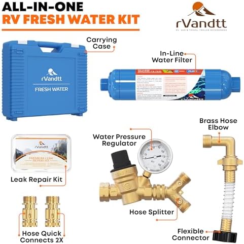 RV Fresh Water Kit - RV Water Pressure Regulator, Inline Water Filter, Hose Splitter, Brass Elbow, Flexible Connector, Hose Quick Connects, Leak Repair Kit, and Carrying Case - Image 2