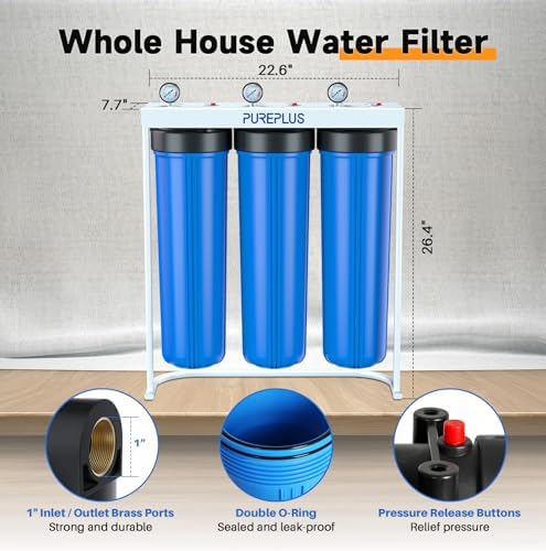 PUREPLUS 20" 3-Stage Whole House Water Filter, Sediment, GAC, Carbon Block - Image 5