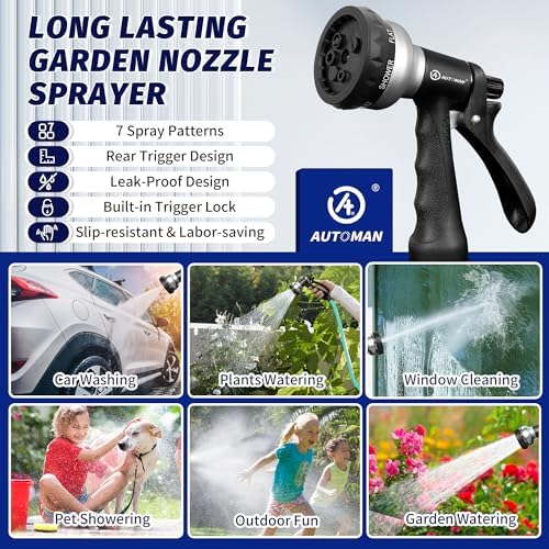 AUTOMAN-Garden-Hose-Nozzle, 2 Pack ABS Water Spray Nozzle, 7 Adjustable Watering Patterns, Slip Resistant for Watering Plants, Lawn& Garden, Washing Car, Showering Pets & Outdoor Fun.Silver Color - Image 6