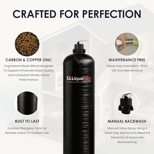 LiquaGen Manual Backwash Whole House Water Filter System with Carbon + KDF Media and Final Sediment Filtration, High-Flow Design, Durable Tank, Easy Hand Rinse Operation (7+ Bathrooms) - Image 7
