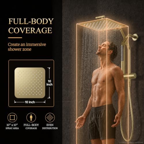Veken All Metal 10" Luxurious Gold Rain Shower Head with Handheld,Power Jet - Image 3