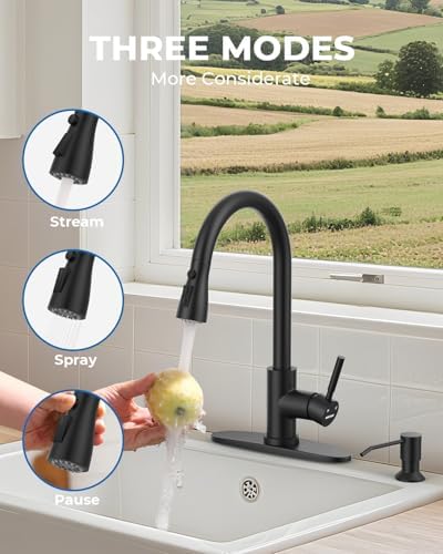 WEWE Kitchen Faucet with Soap Dispenser, Pull-Down Sprayer, Matte Black - Image 4
