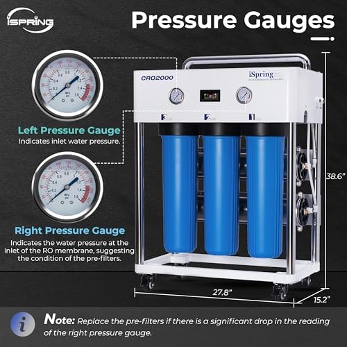 iSpring CRO2000 4-Stage Tankless Commercial Reverse Osmosis Drinking Water Filtration System w/Dual Pumps, Pressure Gauges, and Freestanding Stainless Steel Bracket, 2000 GPD - Image 4