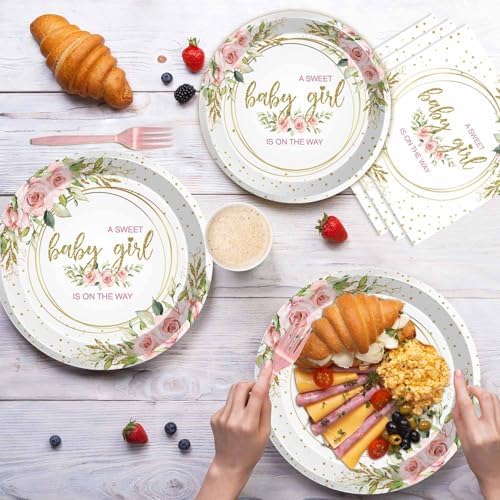 96 Pcs Sweet Baby Girl Party Tableware Set It's a Girl Baby Shower Disposable Paper Plates and Napkins Watercolor Pink Floral Girl Baby Shower Party Supplies for 24 Guests - Image 4