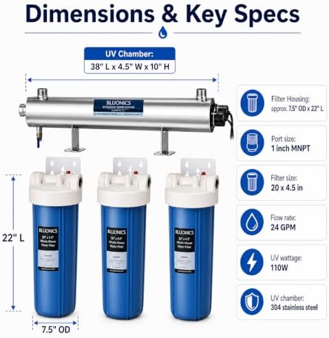 Bluonics 24 gpm Whole House Water Filter System for Well Water, 110w uv Light Treatment, 3 Filter Stages with Sediment and Carbon Filters, 20 x 4.5 housings, 1 in npt - Image 5