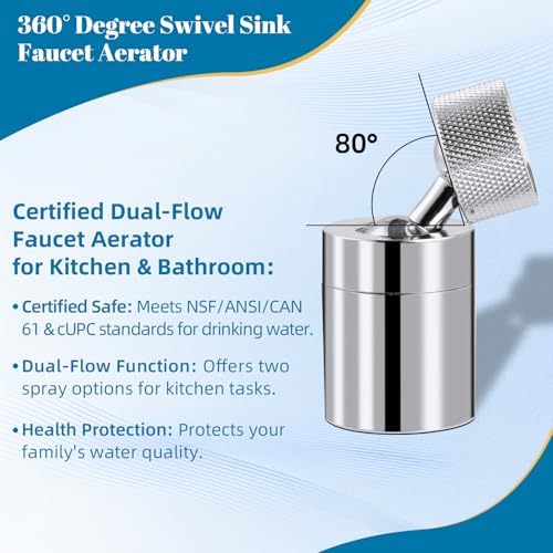 Hibbent NSF/ANSI/CAN 61 Certified Dual-function Faucet Aerator, CUPC Certification Big Angle Rotate Kitchen Sink Aerator 360 Degree Swivel Sink Sprayer Attachment-55/64 Inch Female Thread-Chrome - Image 5