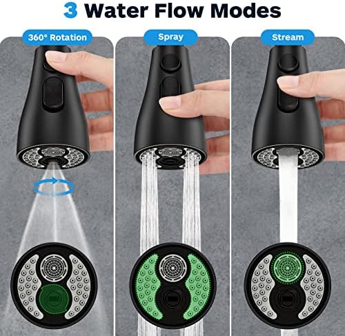 Kitchen Faucet Head Replacement, Kitchen Sink Faucet Head G 1/2, Kitchen Sink Sprayer Replacement 3 Modes with 12 Different Adapters, Compatible with Moen, Delta, Kohler Faucets, Black - Image 2