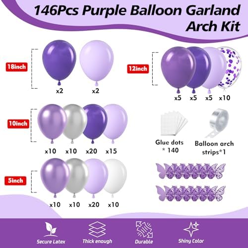150Pcs Purple Balloons Garland Arch Kit - 5 10 12 18 inch Lavender Pastel Metallic Purple Confetti Balloons Silver White Latex Balloon for Girl Birthday Baby Shower Princess Party Decorations - Image 2