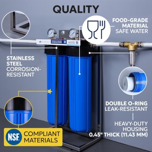 Aquaboon 2-Stage Whole House Water Filter System with Prefilter, 20x4.5 Iron & Manganese, Sediment Filters, Pressure Gauge & Release, Wrench, Freestanding Steel Frame - Image 3