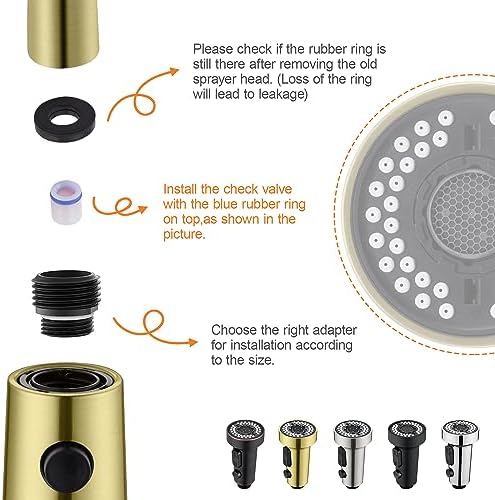 TIORIY Kitchen Faucet Head with 15 Adapters, High Pressure 3 Functions Pull Down Kitchen Spray Head Replacement, Pull Out Kitchen Sink Sprayer Nozzle, Brushed Gold, ABS - Image 5