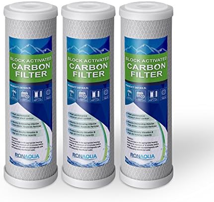 Block Activated Carbon Coconut Shell Water Filter Cartridge 5 Micron for RO & Standard 10” Housing WELL-MATCHED with WFPFC8002, WFPFC9001, WHCF-WHWC, WHEF-WHWC, FXWTC, SCWH-5 (3 Pack) by Ronaqua