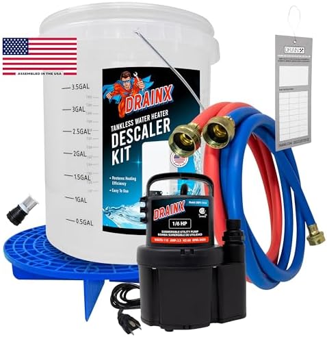 DrainX Tankless Water Heater Flushing Kit Includes Pump, Hoses, Bucket, Maintenance Log, and Replacement Filter for Rinnai Systems – Just Add Vinegar or our Own Descaler by DrainX