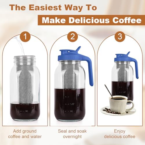 Cold Brew Coffee Maker, 64 oz Mason Jar Pitcher with Stainless Steel Filter, Pour Spout Handle Lid, Heavy Duty Glass Airtight & Leak-Proof for Iced Coffee,Tea & Lemonade - Image 5