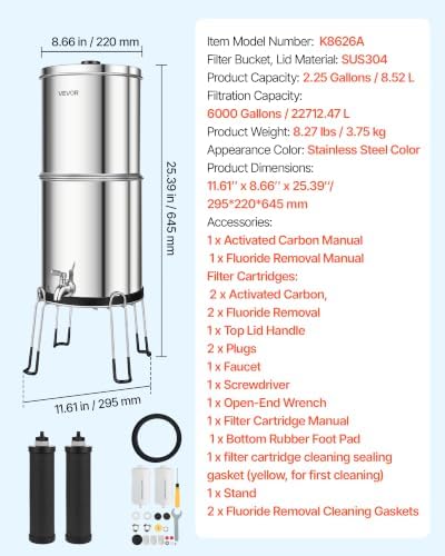 VEVOR Gravity-fed Water Filter System, 2.25G 304 Stainless-Steel Countertop Water Filtration System, Reduces Lead and up to 99% of Chlorine, w/ 2 Carbon Filter, 2 Defluorination Filter, Spigot, Stand - Image 7