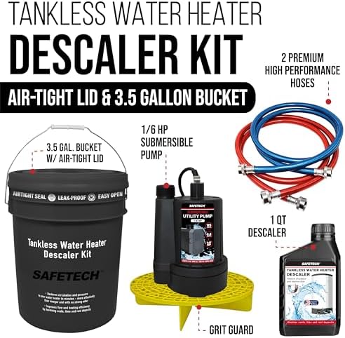 Safetech Tankless Water Heater Flushing Kit with Screw-Top Lid, Premium Braided Hoses, 1/6 HP Utility Pump, Quart Descaler, and Pump Grate - Image 2