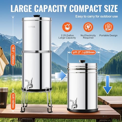 VEVOR Gravity-fed Water Filter System, 2.25G 304 Stainless-Steel Countertop Water Filtration System, Reduces Lead and up to 99% of Chlorine, with 2 Ceramic Carbon Filters, Spigot, and Stand - Image 5