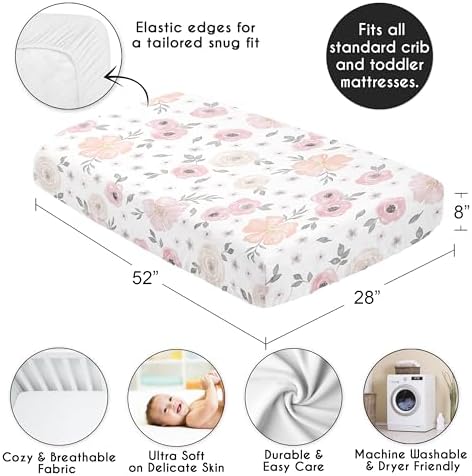 Sweet Jojo Designs Fitted Baby Crib Sheets (Pink/Grey Boho Floral) for Girls, Infant Nursery, Toddler Room - Standard Size (Watercolor, Bohemian, Shabby Chic, Rose, Flower, Farmhouse, Gray, Blush) - Image 4