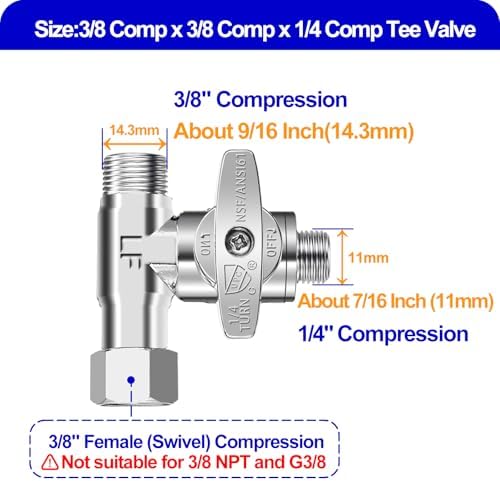 Tee Stop Valve - 3/8"Compx3/8"Compx1/4"Comp Tee for Refrigerator/Icemaker - Image 2