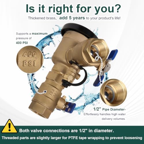1/2" Brass Pressure Vacuum Breaker, Max 400PSI Sprinkler Backflow Preventer for Non-Potable Systems Like Irrigation & Industry - Image 4