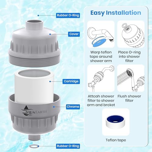 Shower Head Filter For Hard Water 20 Stages to Remove Chlorine Fluoride Water Softener Coconut Shell Activated Carbon Reduces Dry Itchy Skin Heavy Metals Other Sediments Vitamin C Aqua Earth - Image 3